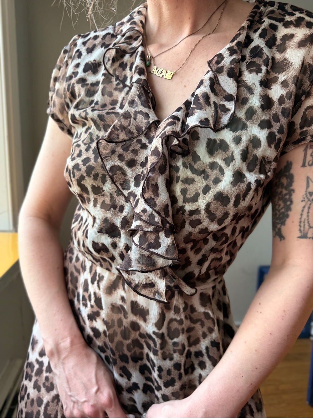 Vintage Y2K Leopard Print Chiffon Dress | Ruffle Collar Tie Waist Midi | M/L - Picture 2 of 8